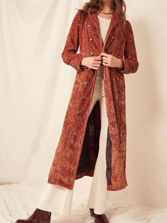 Free People Jackets & Blazers - Free People Soho Rust Crushed Velvet Duster Trench Coat NWOT